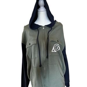 Olive Green Naruto Zip Hoodie with Black Sleeves (Kakashi)